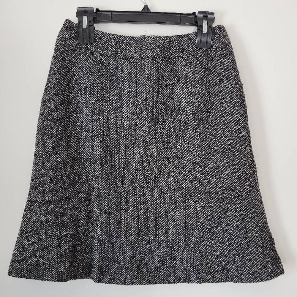 Chadwicks Plaid Herringbone Wool Blend A-Line Skirt 4P Black Gray Lined Classic